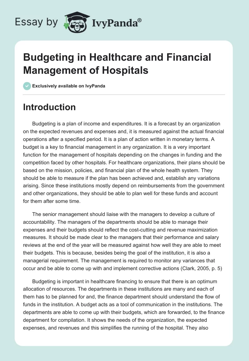 Budgeting in Healthcare and Financial Management of Hospitals. Page 1
