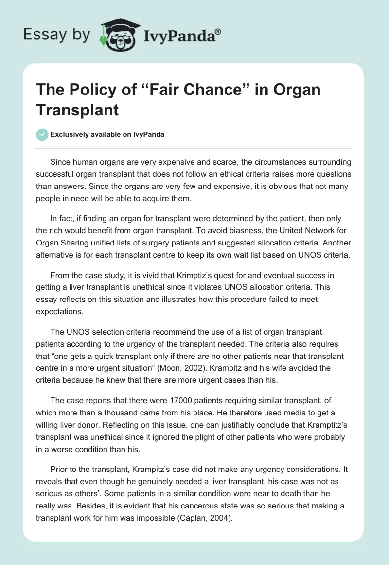 The Policy of “Fair Chance” in Organ Transplant. Page 1