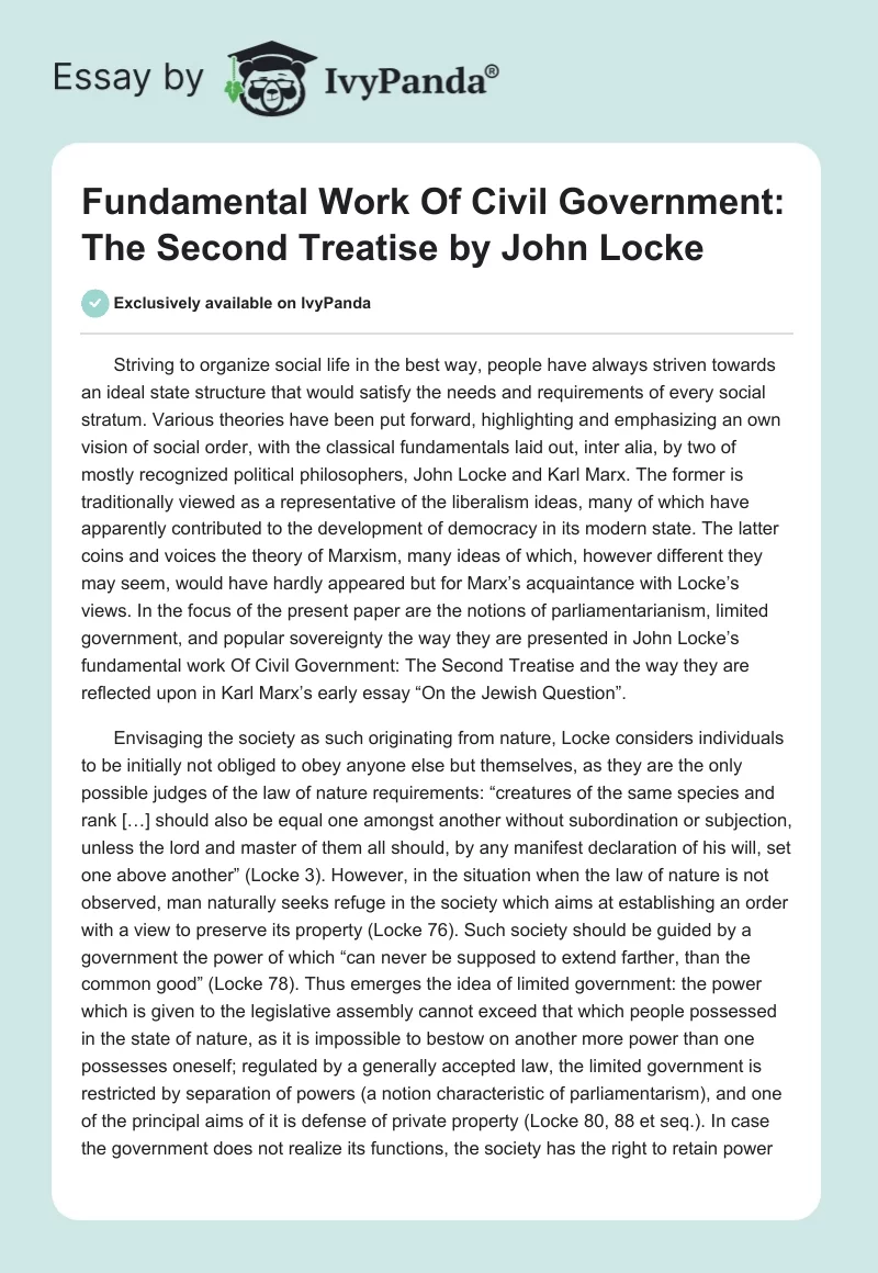 Fundamental Work "Of Civil Government: The Second Treatise" by John Locke. Page 1
