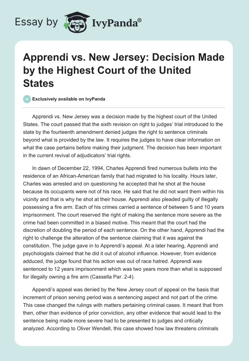 Apprendi vs. New Jersey: Decision Made by the Highest Court of the United States. Page 1