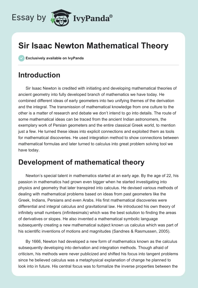Sir Isaac Newton Mathematical Theory. Page 1
