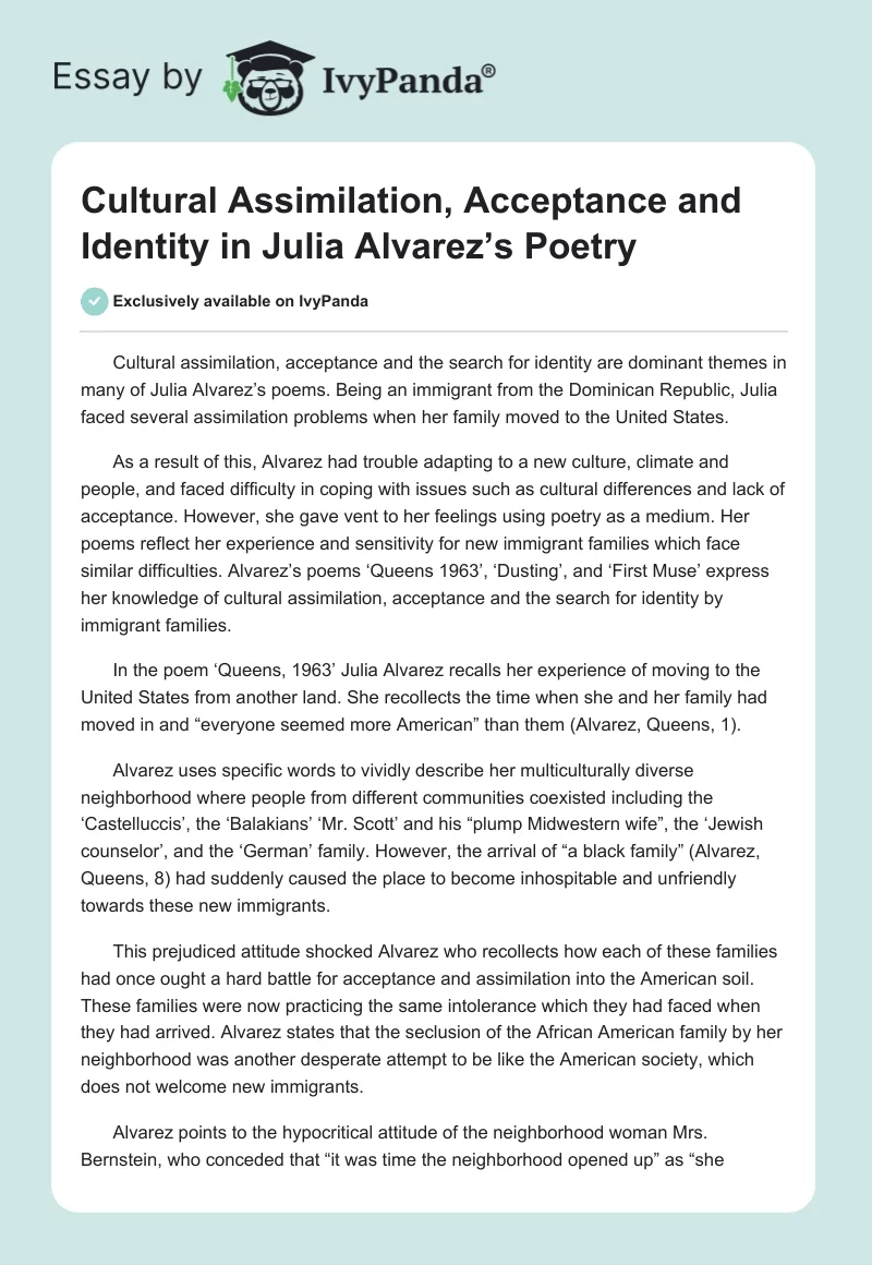 Cultural Assimilation, Acceptance and Identity in Julia Alvarez’s Poetry. Page 1