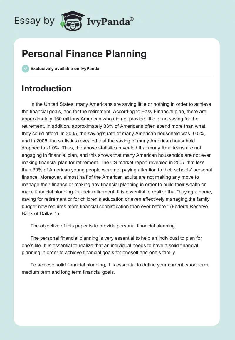 Personal Finance Planning. Page 1