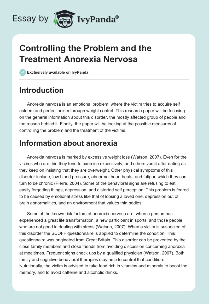 Controlling the Problem and the Treatment Anorexia Nervosa. Page 1