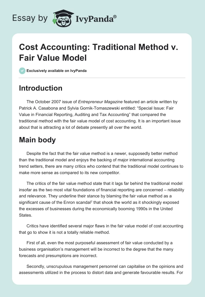 Cost Accounting: Traditional Method vs. Fair Value Model. Page 1