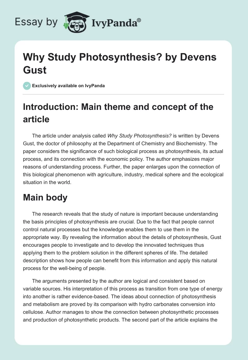 "Why Study Photosynthesis?" by Devens Gust. Page 1