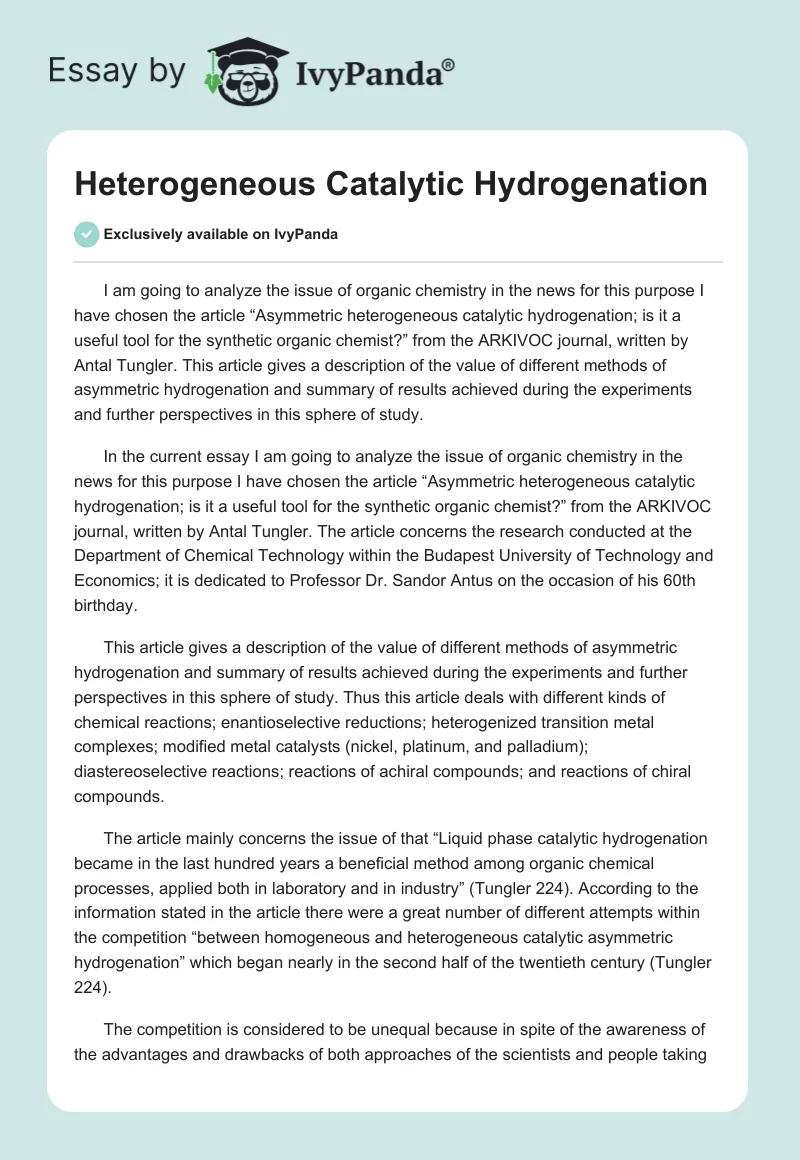 Heterogeneous Catalytic Hydrogenation. Page 1