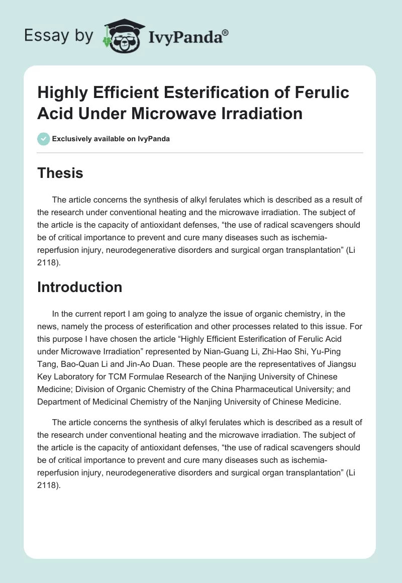 Highly Efficient Esterification of Ferulic Acid Under Microwave Irradiation. Page 1
