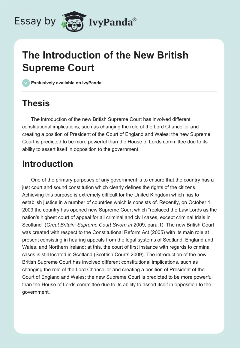 The Introduction of the New British Supreme Court. Page 1