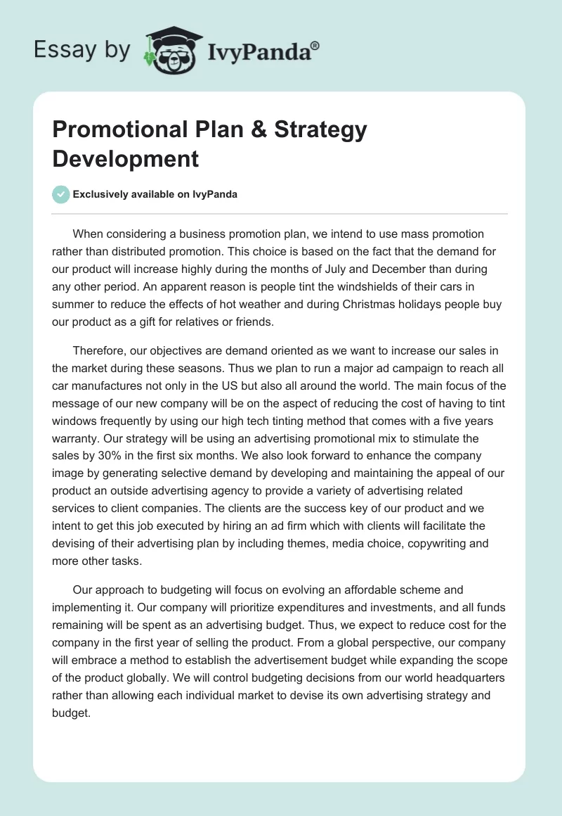 Promotional Plan & Strategy Development. Page 1