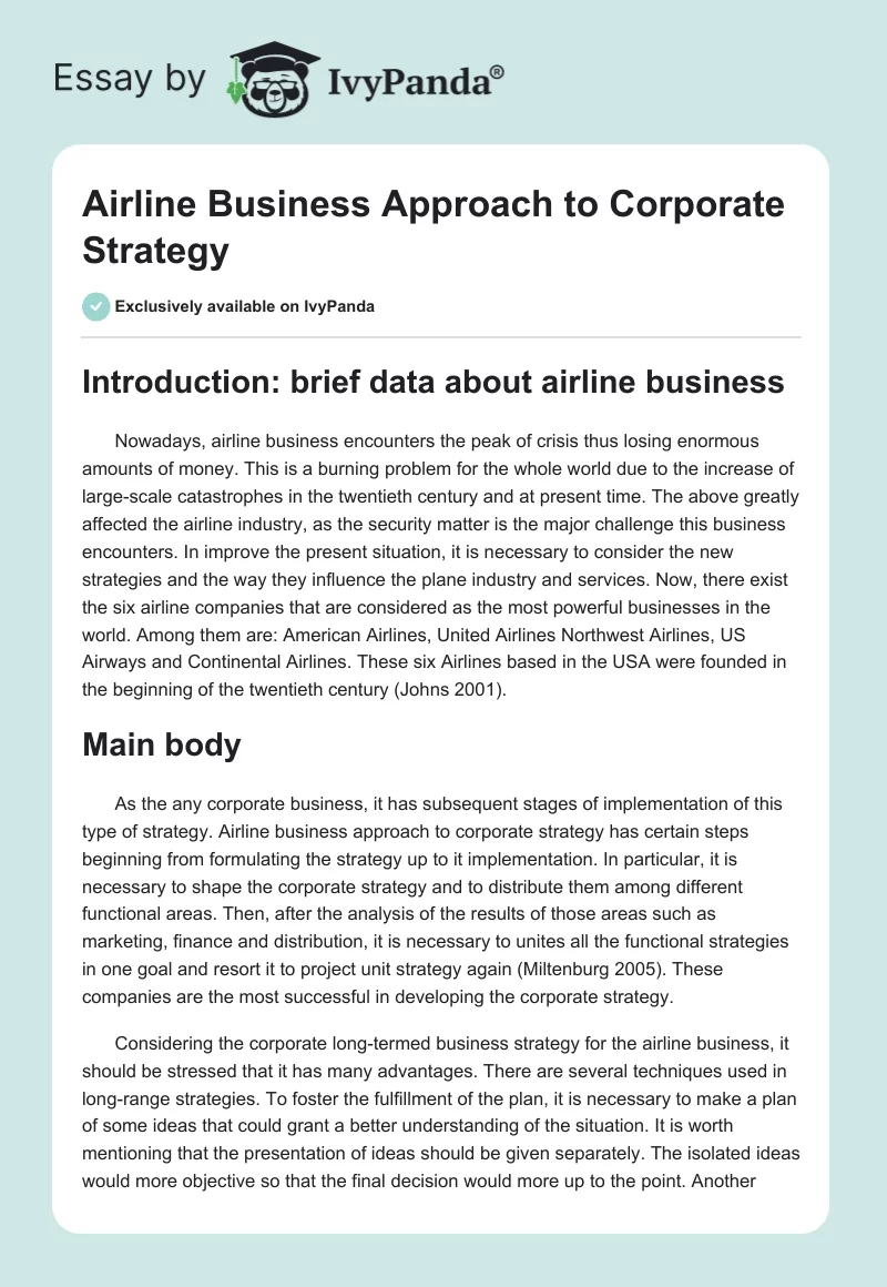 Airline Business Approach to Corporate Strategy. Page 1