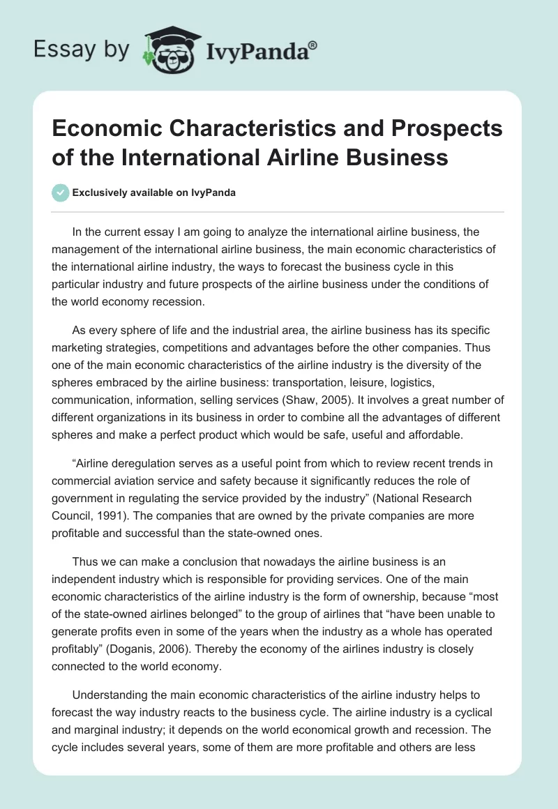 Economic Characteristics and Prospects of the International Airline Business. Page 1