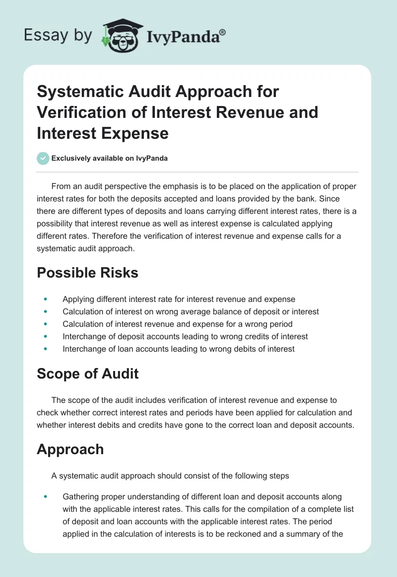 Systematic Audit Approach for Verification of Interest Revenue and Interest Expense. Page 1