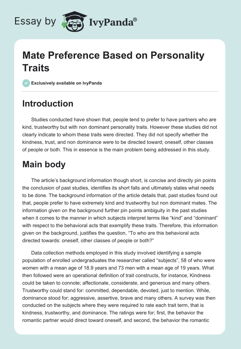 Mate Preference Based on Personality Traits. Page 1