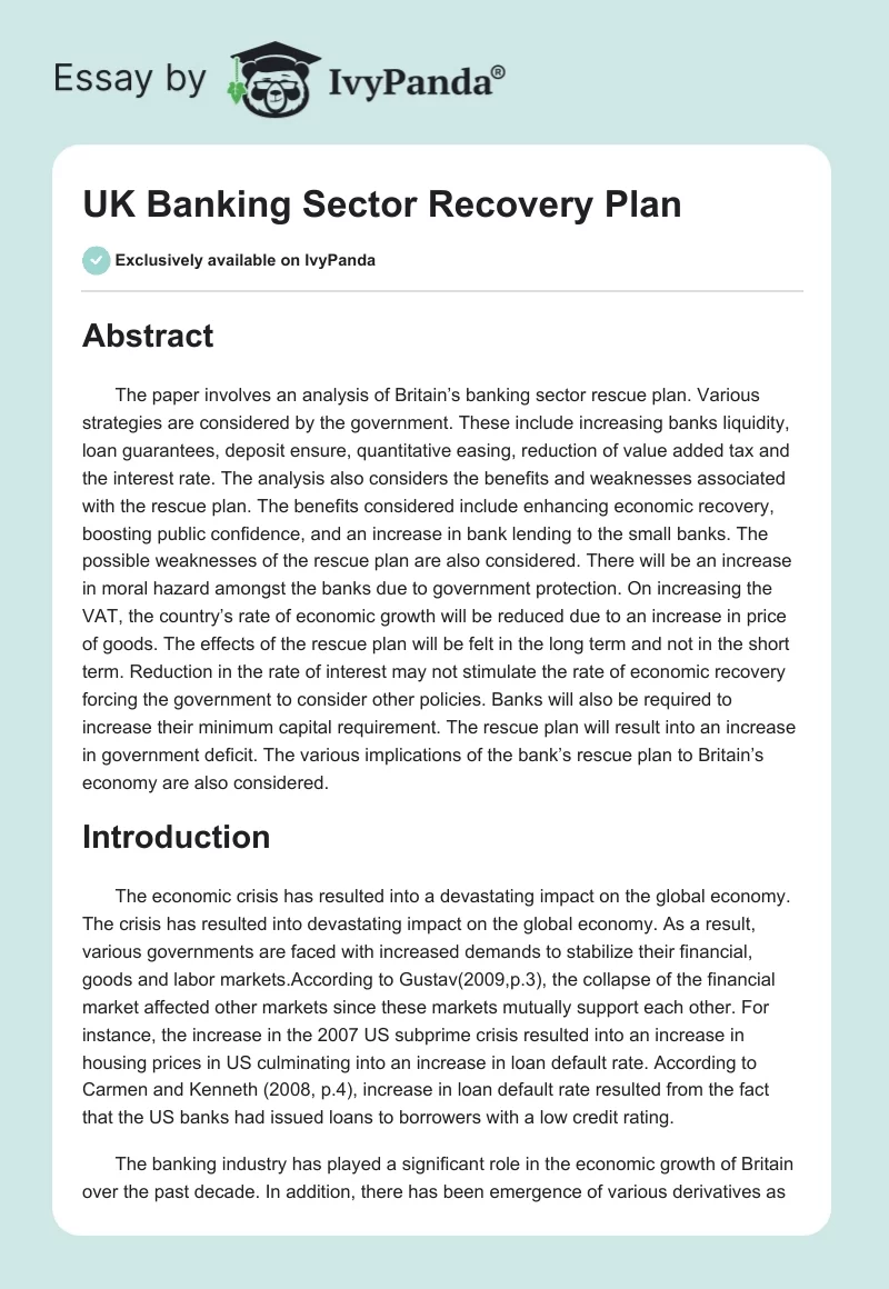 UK Banking Sector Recovery Plan. Page 1