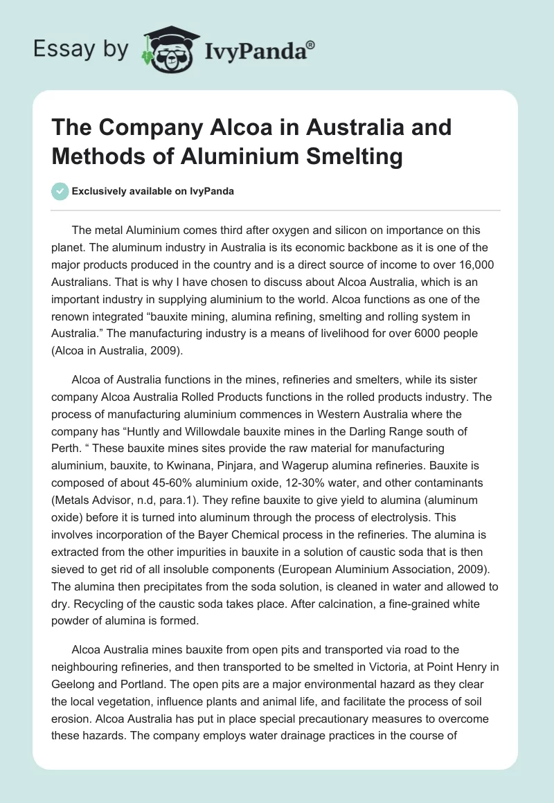 The Company Alcoa in Australia and Methods of Aluminium Smelting. Page 1