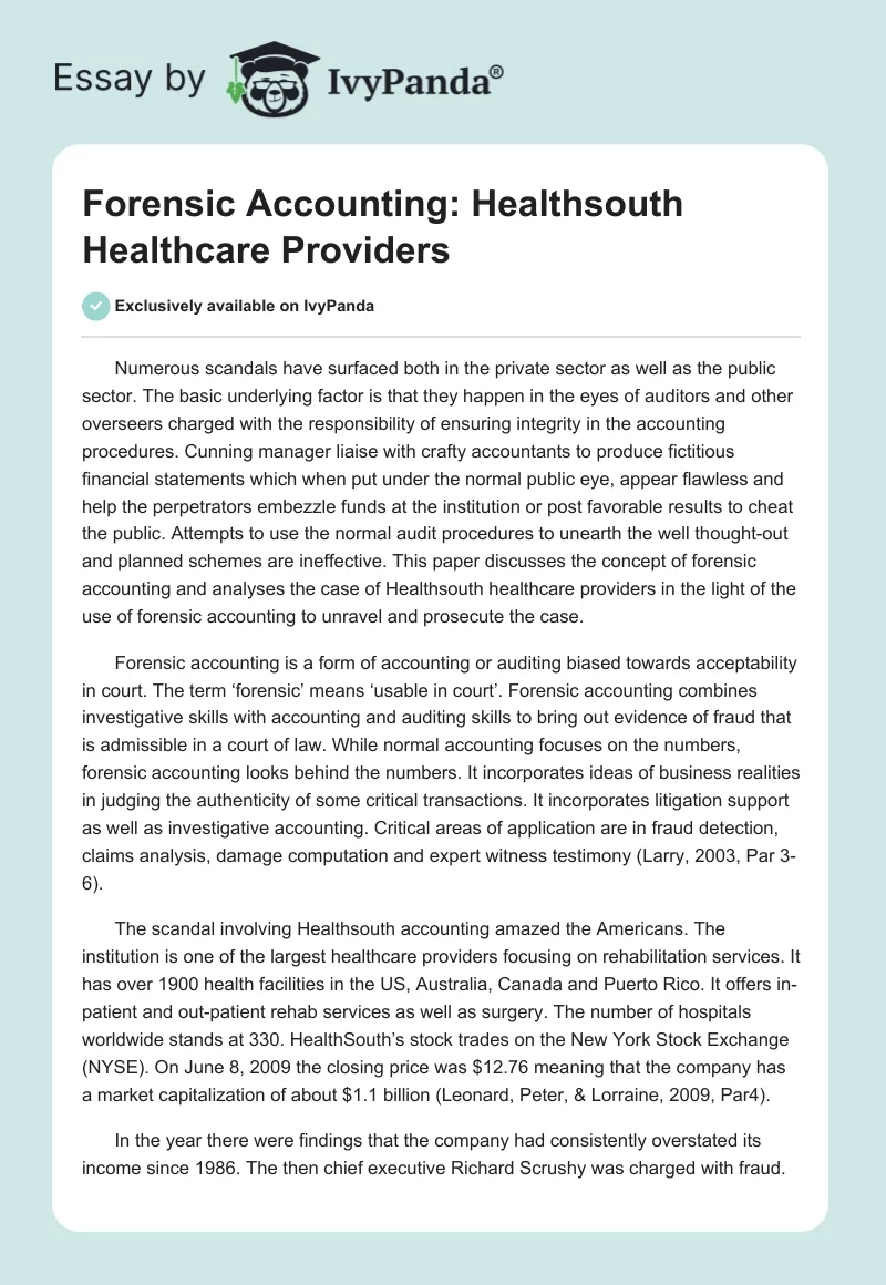 Forensic Accounting: Healthsouth Healthcare Providers. Page 1