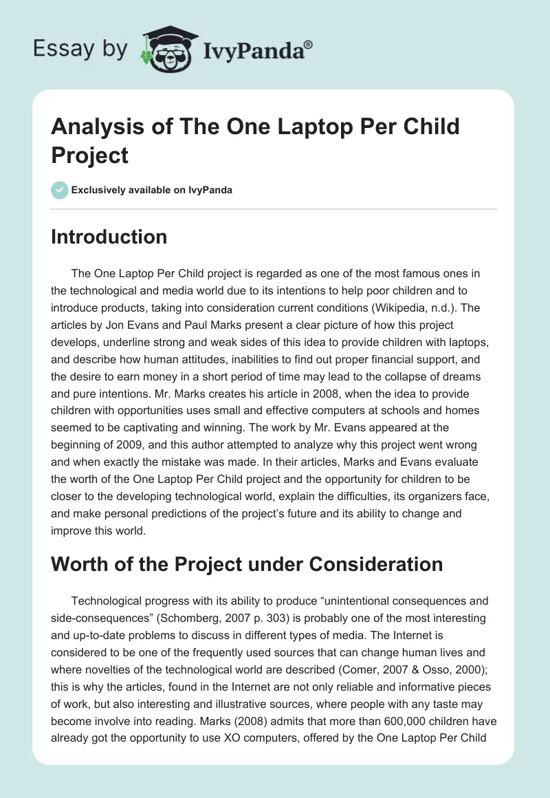 Analysis of "The One Laptop Per Child" Project. Page 1
