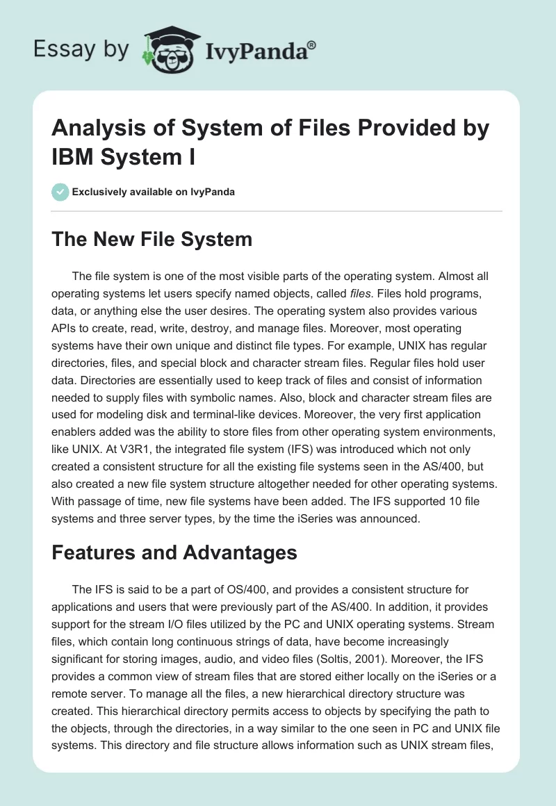 Analysis of System of Files Provided by IBM System I. Page 1