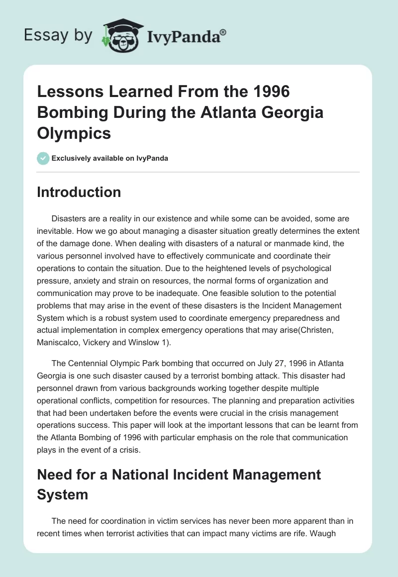 Lessons Learned From the 1996 Bombing During the Atlanta Georgia Olympics. Page 1
