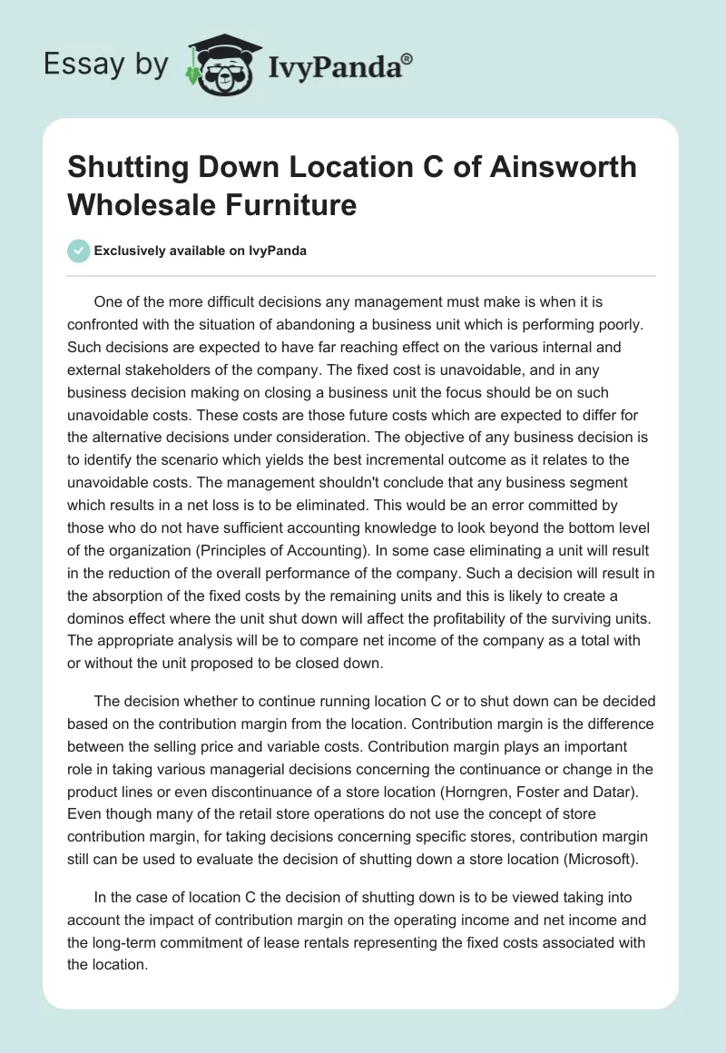 Shutting Down Location C of Ainsworth Wholesale Furniture. Page 1