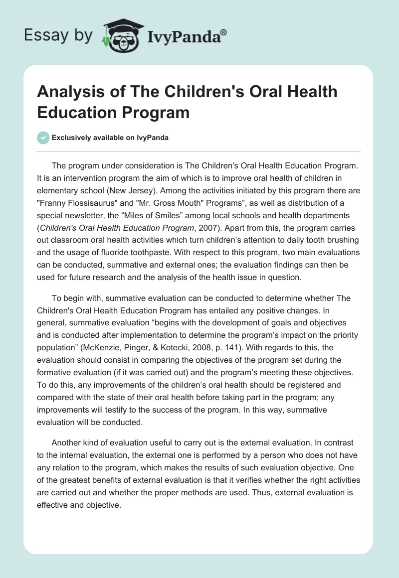 Analysis of "The Children's Oral Health Education" Program. Page 1