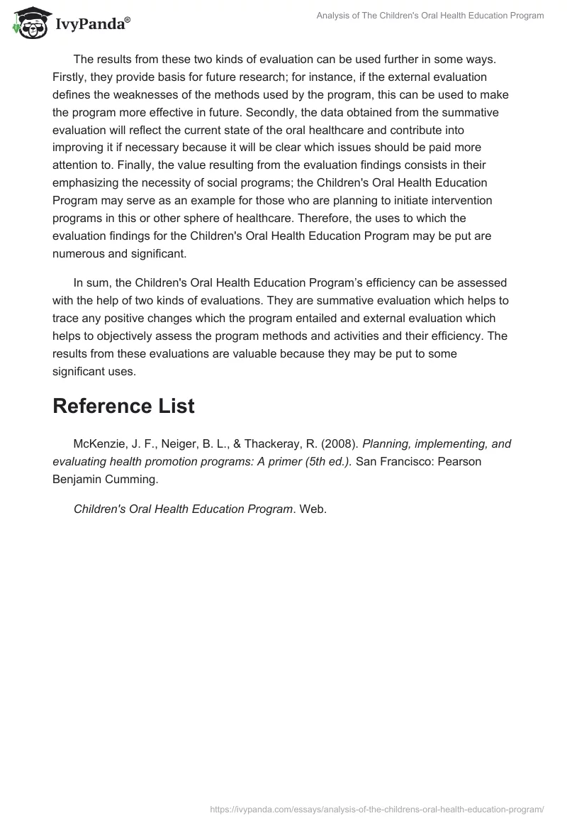 Analysis of "The Children's Oral Health Education" Program. Page 2