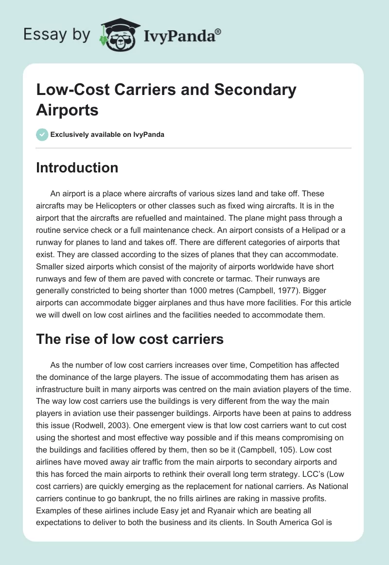 Low-Cost Carriers and Secondary Airports. Page 1