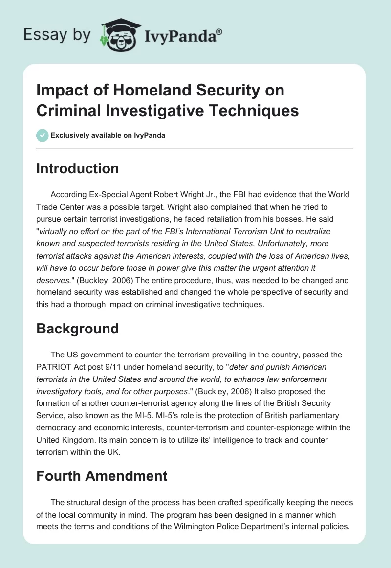 Impact of Homeland Security on Criminal Investigative Techniques. Page 1