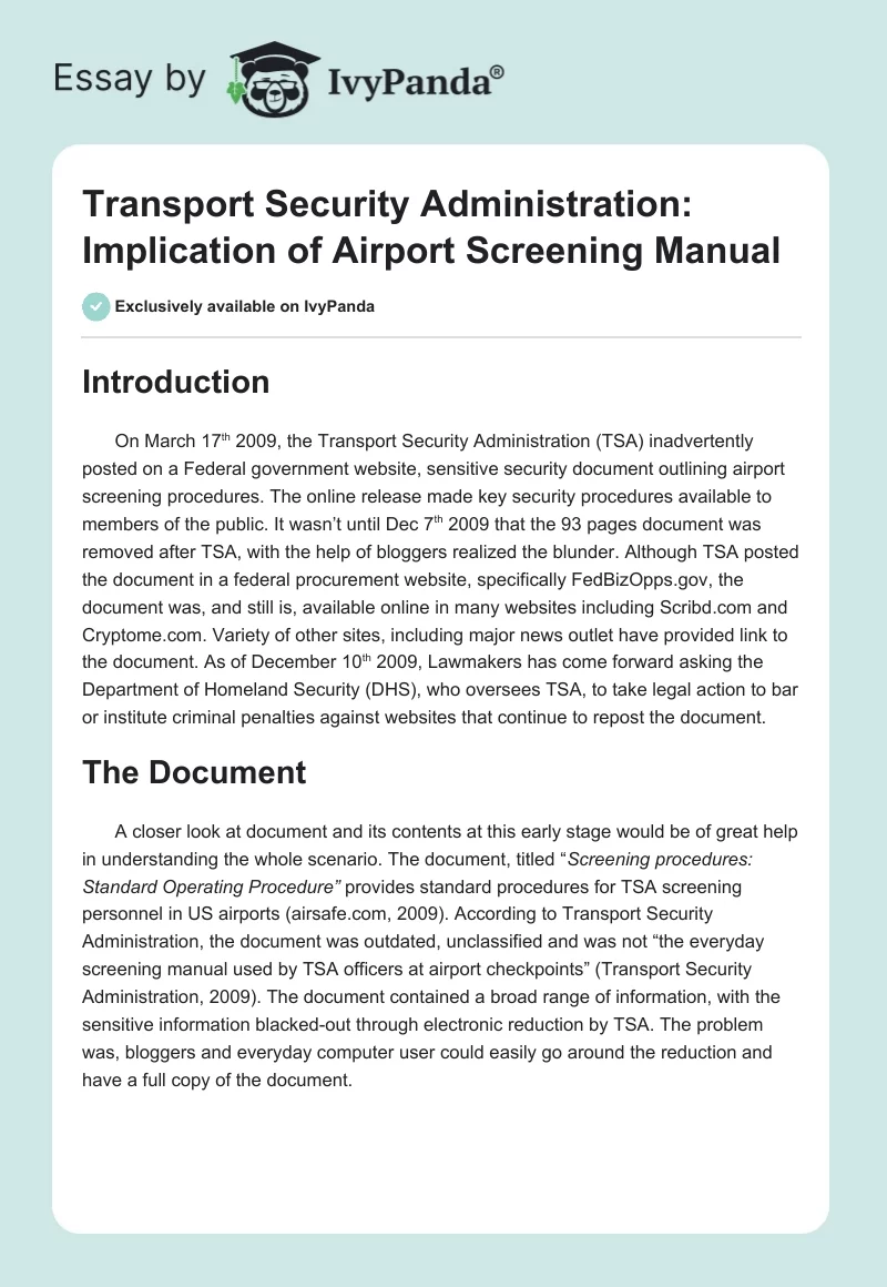 Transport Security Administration: Implication of Airport Screening Manual. Page 1