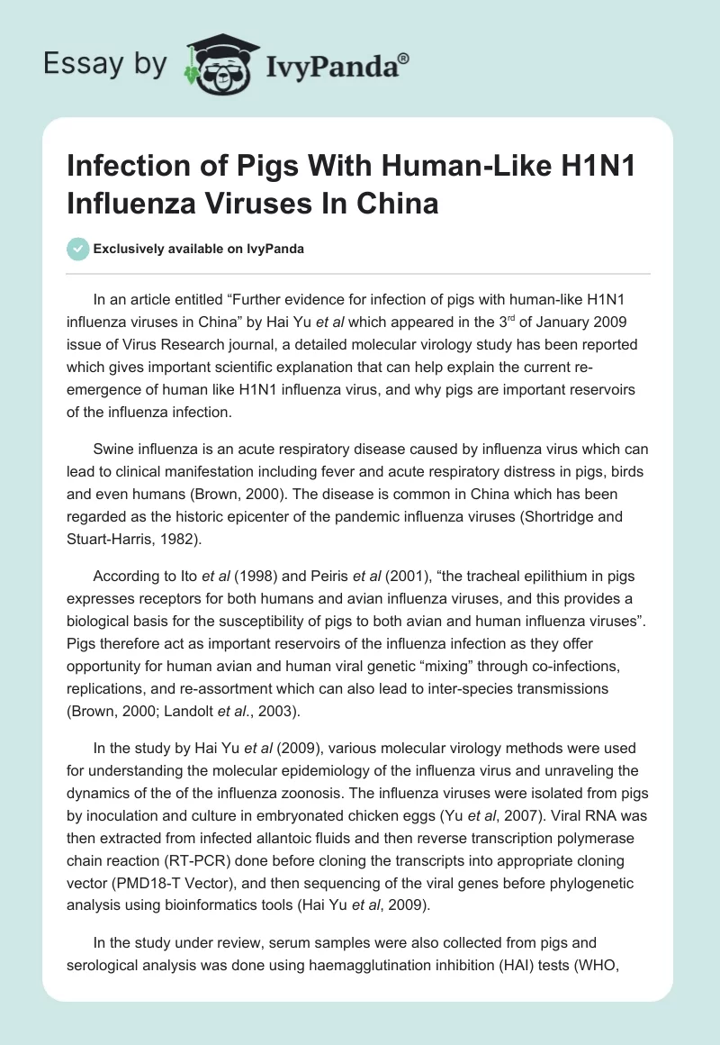 Infection of Pigs With Human-Like H1N1 Influenza Viruses In China. Page 1