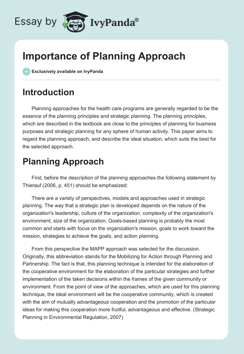 Importance of Planning Approach. Page 1