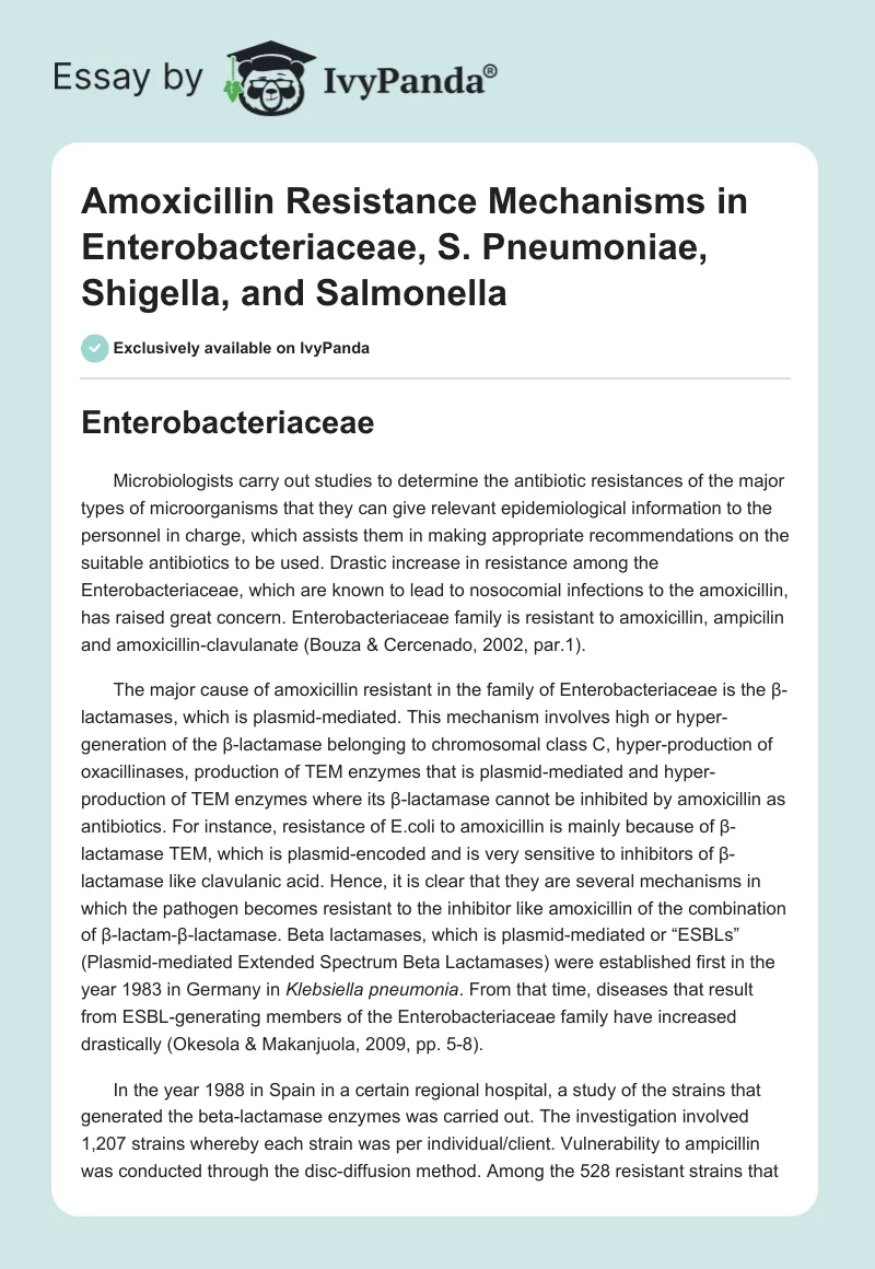 Amoxicillin Resistance Mechanisms in Enterobacteriaceae, S. Pneumoniae, Shigella, and Salmonella. Page 1