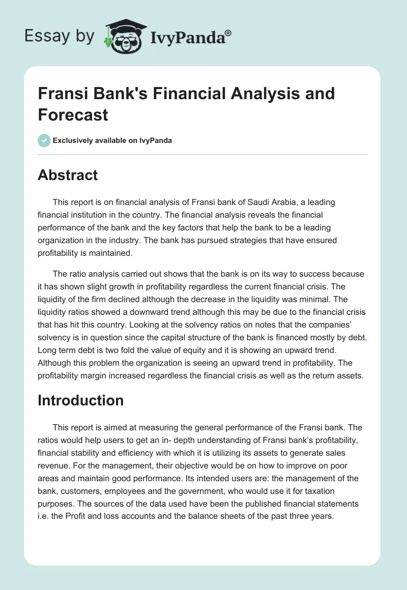 Fransi Bank's Financial Analysis and Forecast. Page 1