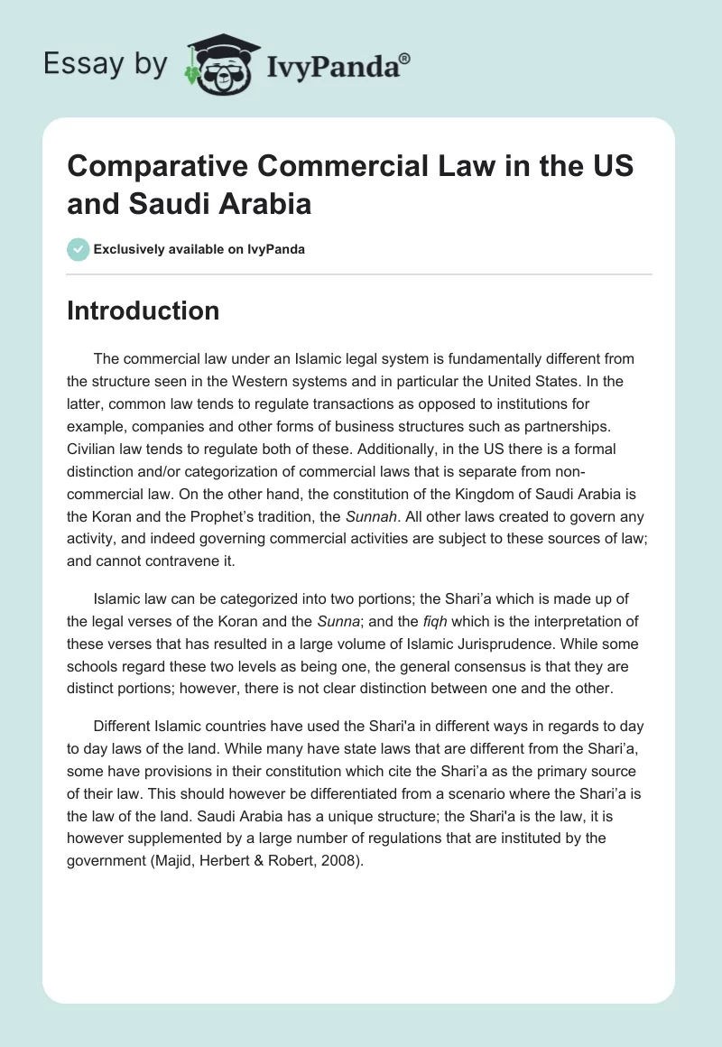 Comparative Commercial Law in the US and Saudi Arabia. Page 1