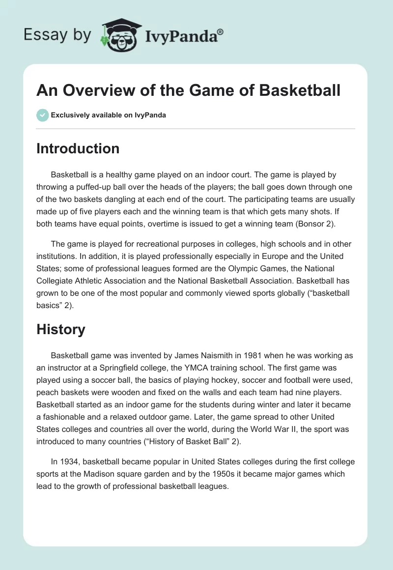 An Overview of the Game of Basketball. Page 1