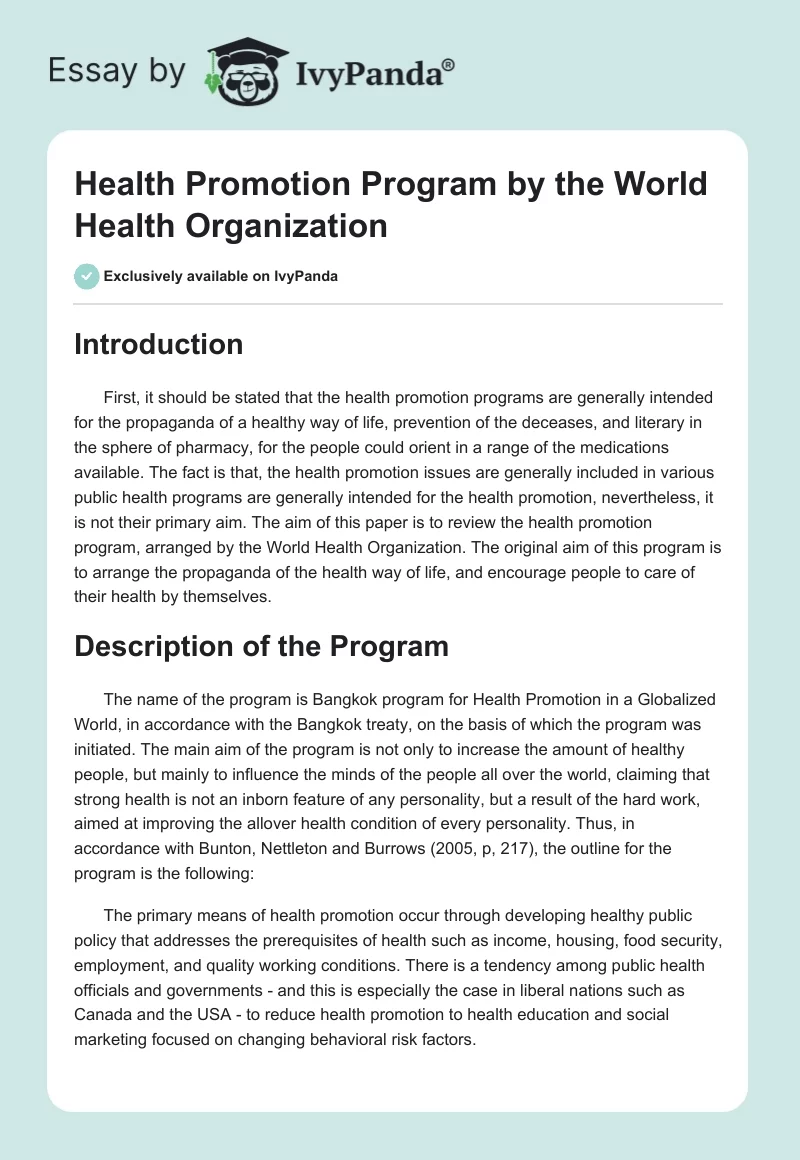 Health Promotion Program by the World Health Organization. Page 1