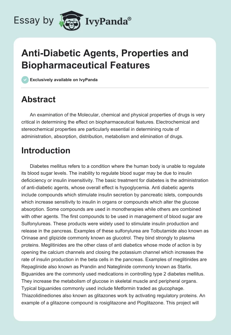 Anti-Diabetic Agents, Properties and Biopharmaceutical Features. Page 1