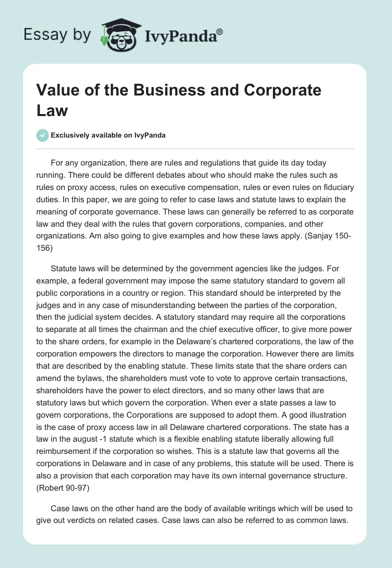 Value of the Business and Corporate Law. Page 1