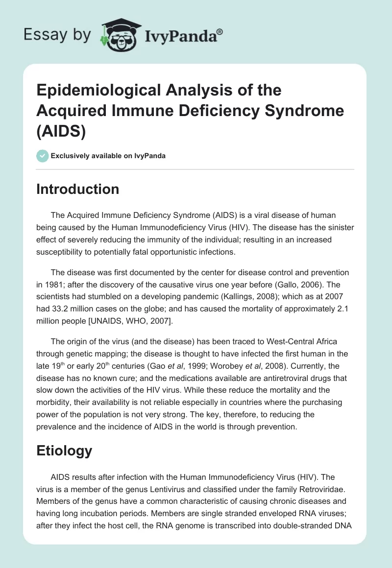Epidemiological Analysis of the Acquired Immune Deficiency Syndrome (AIDS). Page 1