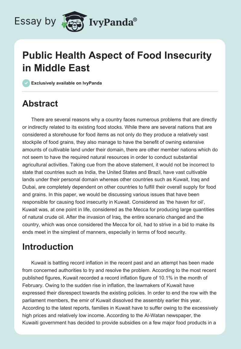 Public Health Aspect of Food Insecurity in Middle East. Page 1