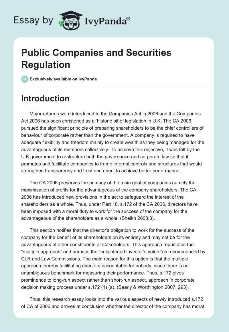 Public Companies and Securities Regulation. Page 1
