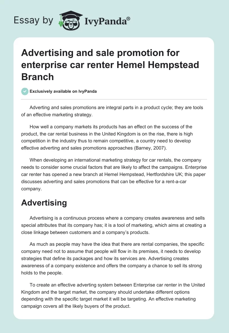 Advertising and Sale Promotion for Enterprise Car Renter Hemel Hempstead Branch. Page 1