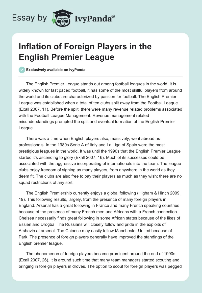 Inflation of Foreign Players in the English Premier League. Page 1