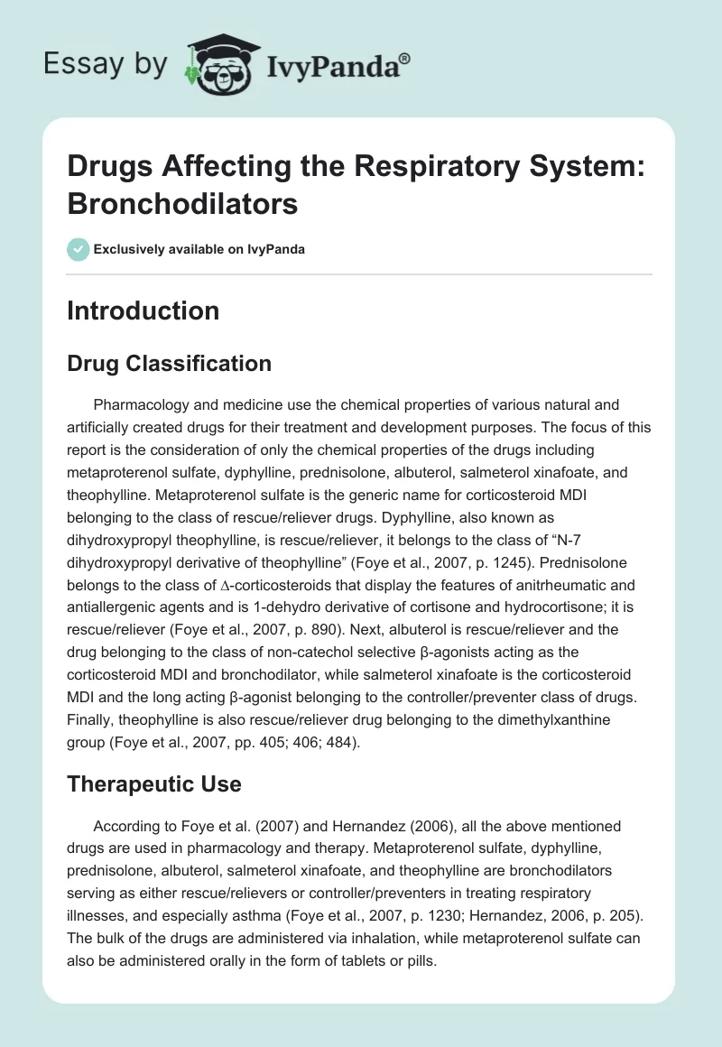 Drugs Affecting the Respiratory System: Bronchodilators. Page 1