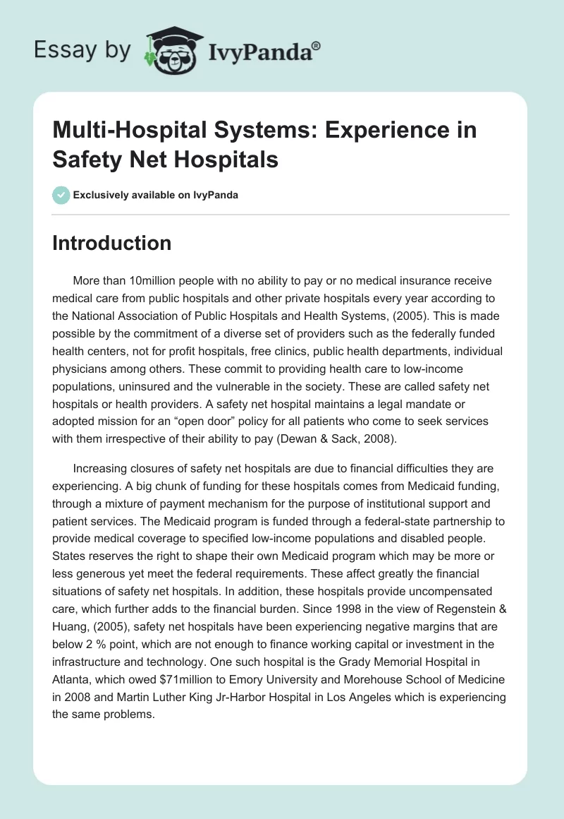 Multi-Hospital Systems: Experience in Safety Net Hospitals. Page 1