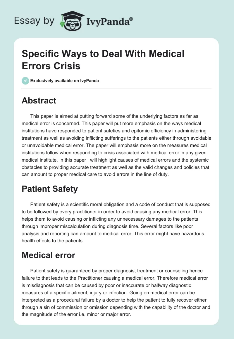 Specific Ways to Deal With Medical Errors Crisis. Page 1