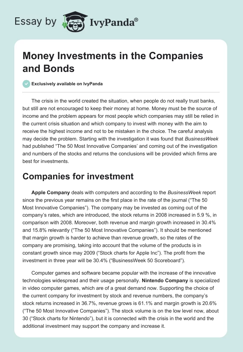 Money Investments in the Companies and Bonds. Page 1