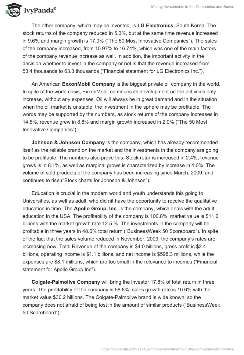 Money Investments in the Companies and Bonds. Page 2
