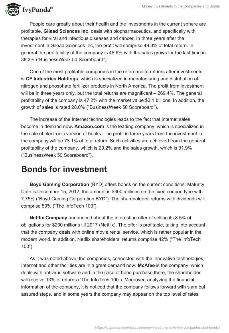 Money Investments in the Companies and Bonds. Page 3